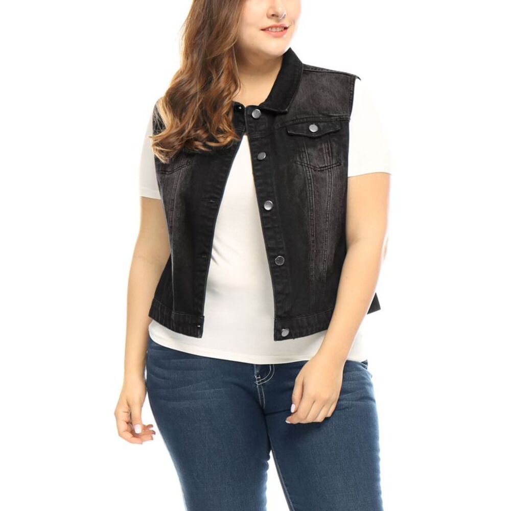 Women's Plus Size Buttons Denim Vest with Two Chest Flap Pockets Jackets Black